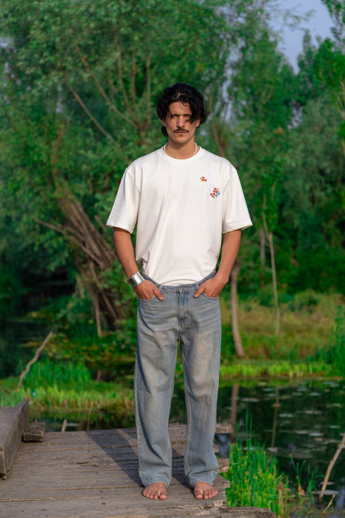 White Embroidered T-Shirt- Flower Man