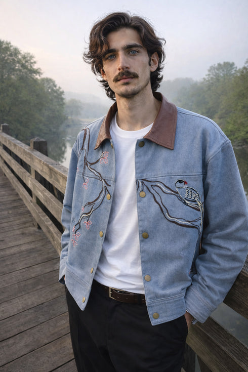 Hand embroidered Workwear Jacket- Blue
